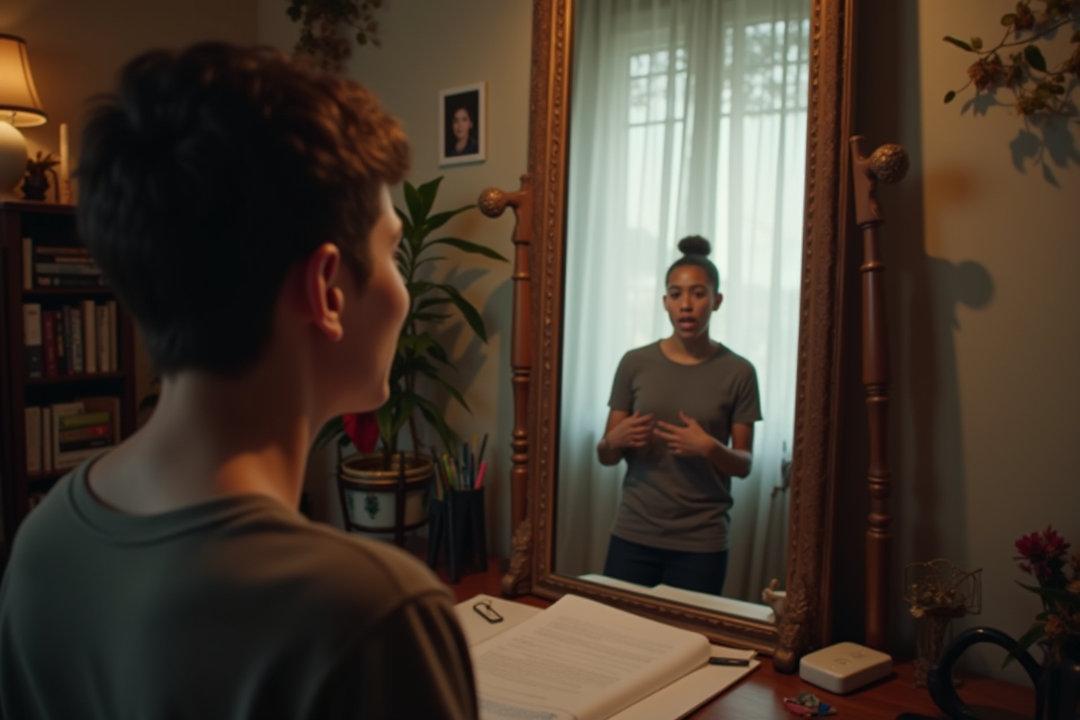 Acteur en herbe s entraînant devant un miroir à la maison