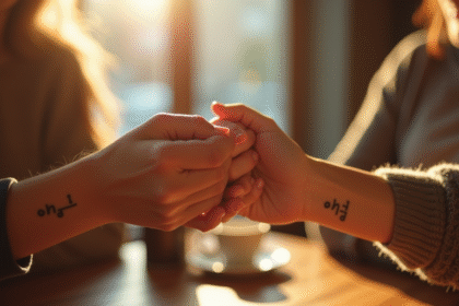 Deux amis avec tatouages sur le poignet dans un café lumineux