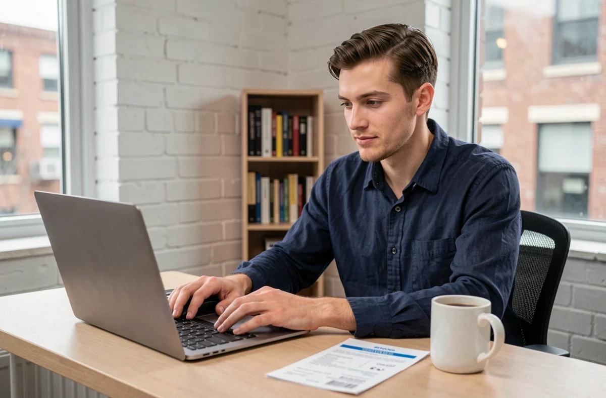 Homme gérant une annulation de commande en ligne depuis son bureau à domicile