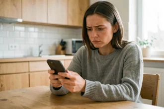 Femme consultant son smartphone pour annuler une commande Shein depuis son appartement