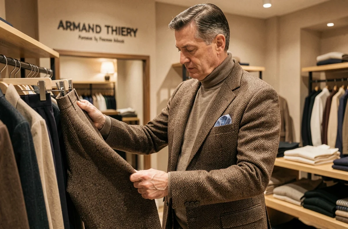 Un homme mûr en veste tweed dans un magasin Armand Thiery, enseigne de prêt-à-porter masculin