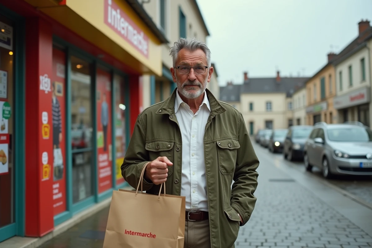 Homme portant une veste Armor Lux devant un magasin Intermarché en ville côtière française