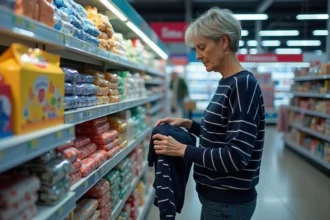 Femme examinant un pull marinière Armor Lux dans le rayon textile d'un supermarché Intermarché en 2026
