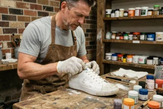 Artisan appliquant de la peinture blanche sur une chaussure en cuir abîmée dans un atelier de cordonnerie
