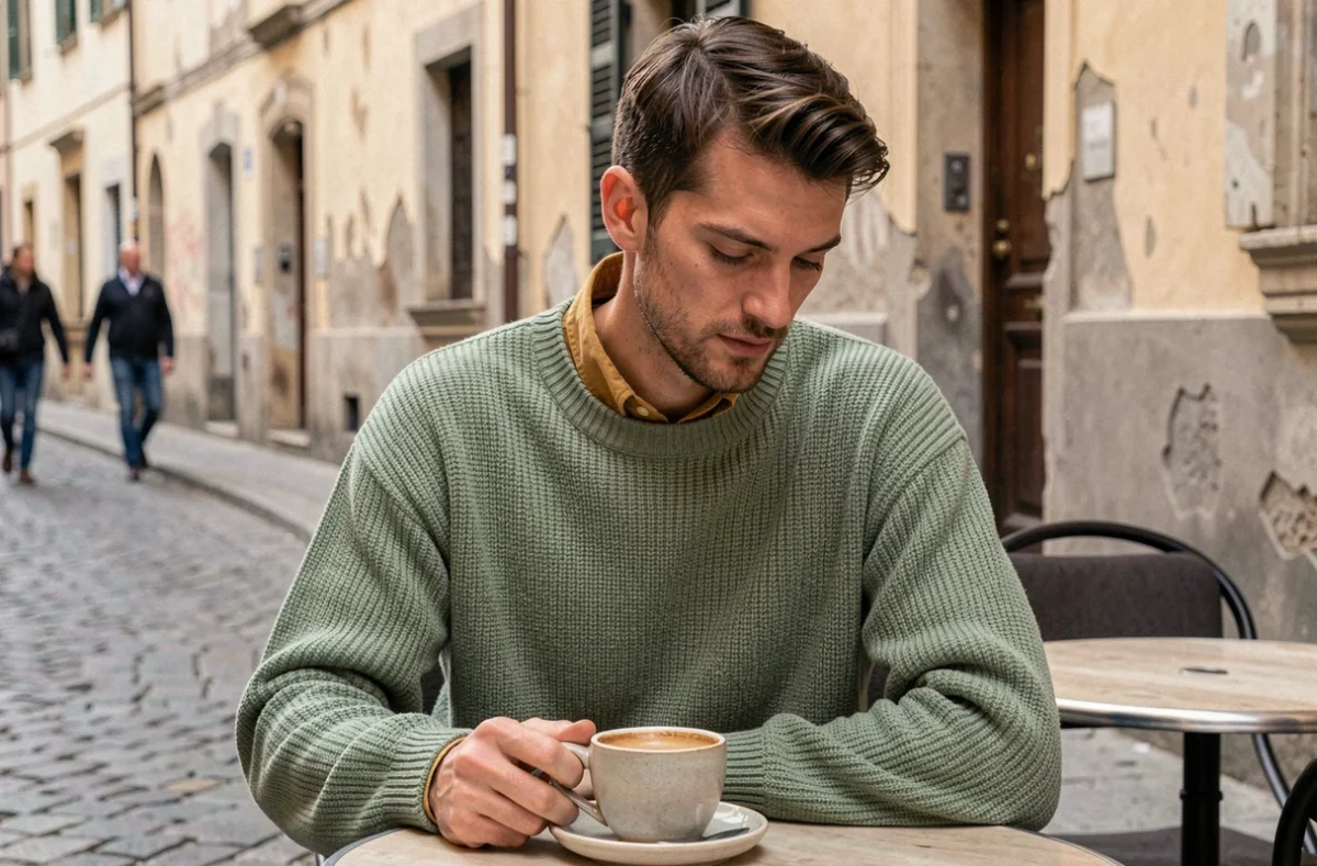 Homme portant un pull vert sauge et une chemise moutarde superposés, association de couleurs tendance à un café en plein air