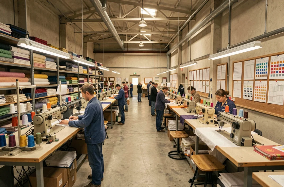Atelier de fabrication textile avec des ouvrières sur des machines à coudre dans une usine industrielle, illustrant la chaîne de production de la fast fashion