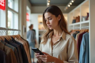 Femme hésitant à acheter un vêtement en soldes dans une boutique française avec son smartphone