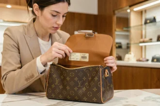 Femme authentifiant un sac Louis Vuitton en vérifiant le numéro de série sur l'étiquette intérieure dans une boutique de luxe