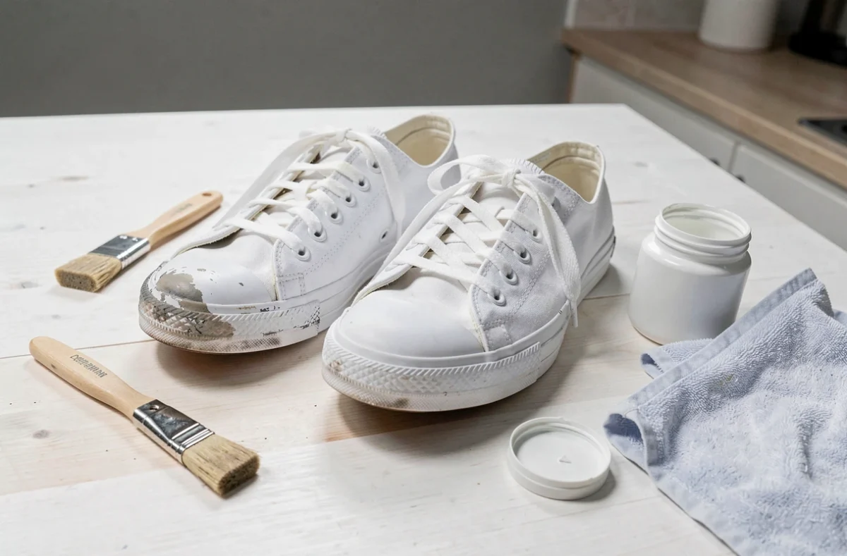 Comparaison avant-après de chaussures blanches restaurées avec de la peinture pour sneakers sur une table en bois