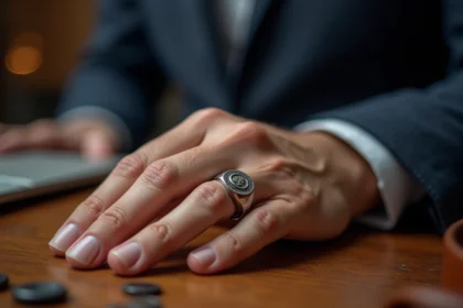 Bague homme gravée en argent sterling avec monogramme portée par un homme en blazer marine, posée sur un bureau en bois