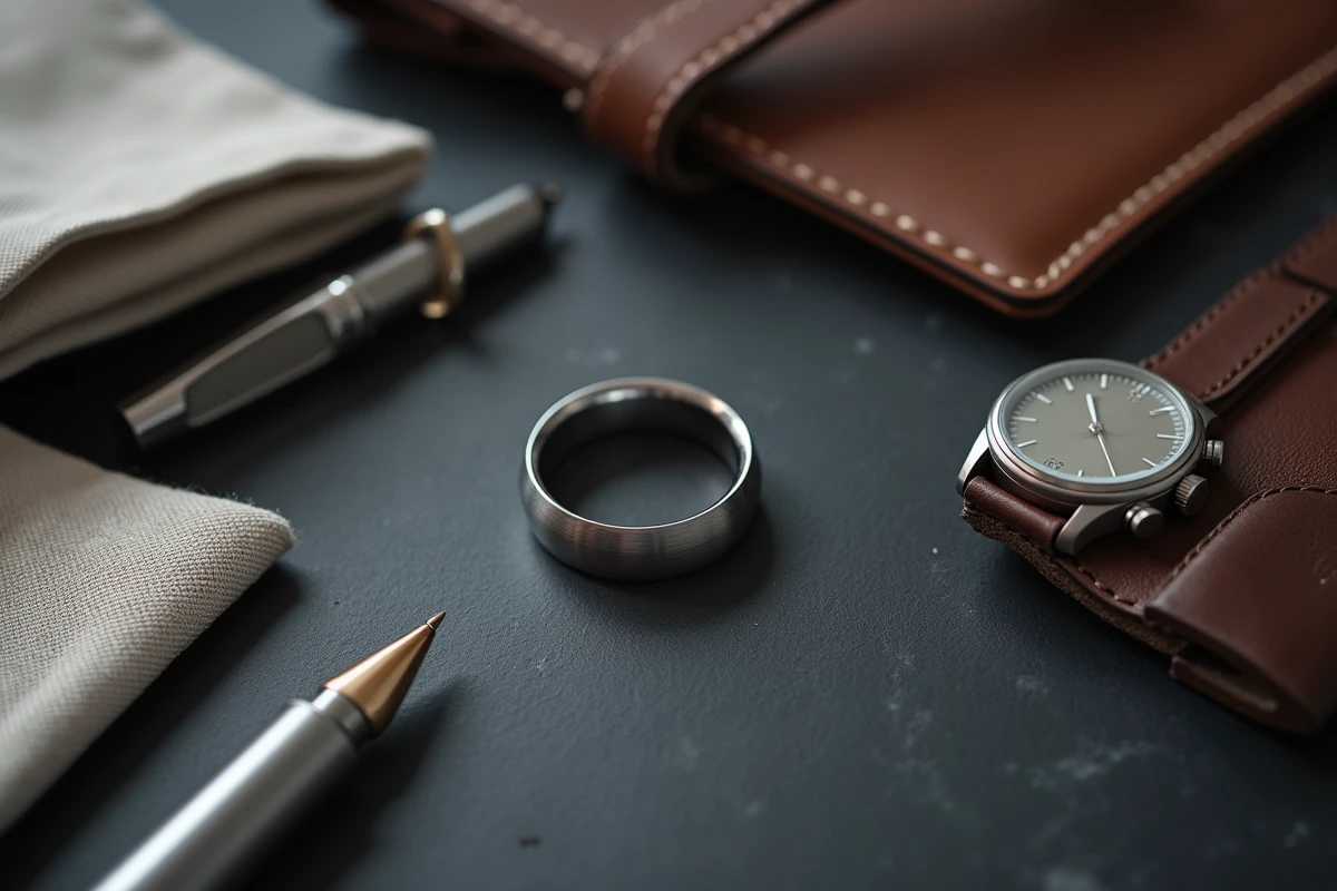 Flat lay élégant avec une bague homme gravée en titane brossé entourée d'accessoires masculins raffinés sur ardoise sombre