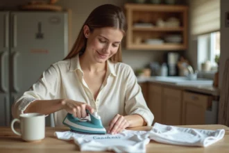 Jeune mère tenant un body bébé personnalisé avec un prénom brodé, ambiance chaleureuse et artisanale dans une cuisine scandinave