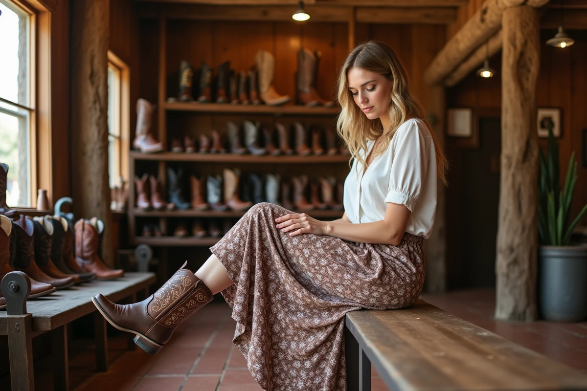 Femme essayant une bottine country plate brodée en cuir marron dans une boutique de style western rustique