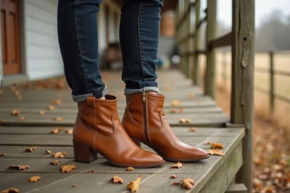 Femme portant des bottines country à talon en cuir tan sur un porche en bois à la campagne en automne