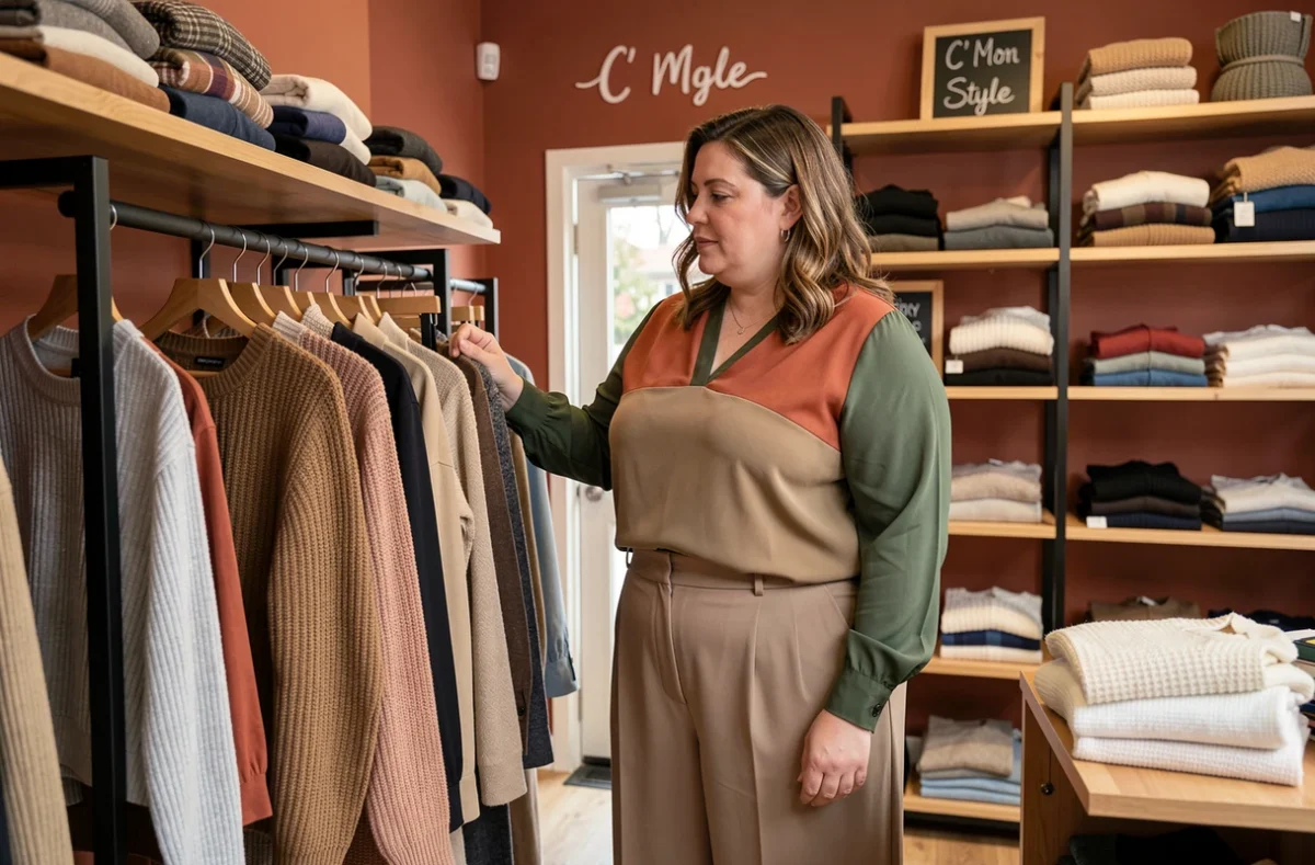 Une cliente en boutique C' Mon Style, spécialisée dans la mode grande taille à Bordeaux