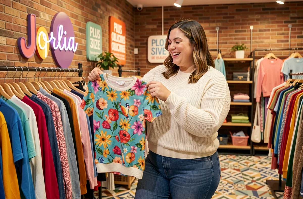 Une jeune femme ronde découvre les collections de la boutique Jorlia mode grande taille en Gironde