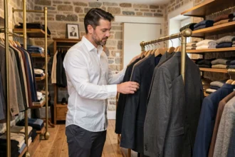 Homme élégant feuilletant des vestes sur cintre dans une boutique de mode masculine en Centre-Val de Loire