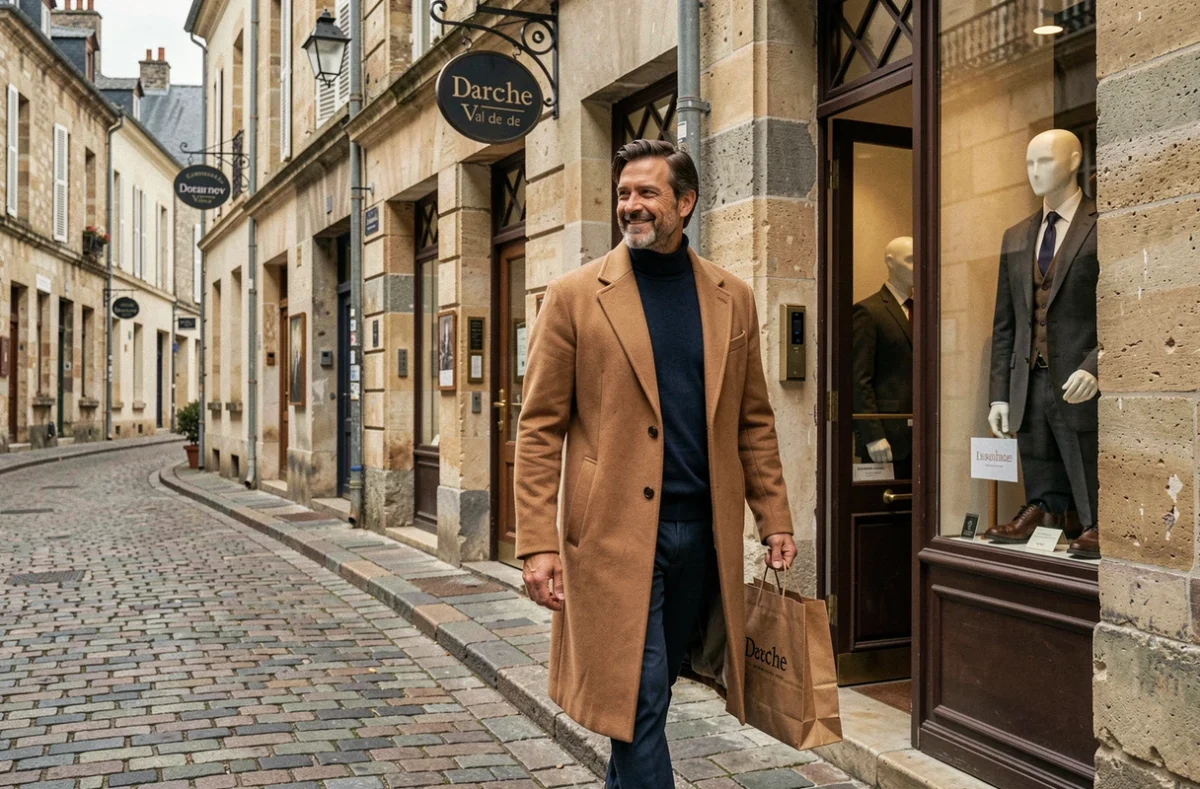 Homme en manteau camel sortant d'une boutique de mode masculine sur une rue pavée d'une ville du Centre-Val de Loire
