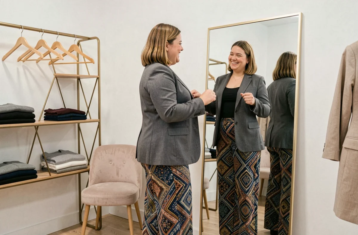 Une cliente essaie un blazer dans la boutique Thamea spécialisée en mode grande taille en Gironde