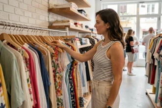 Femme faisant du shopping dans une boutique de vêtements à Marseille ouverte le dimanche