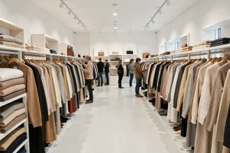 Intérieur d'une boutique Zara avec des rangées de vêtements organisés et des clients en train de faire du shopping, illustrant le modèle de la fast fashion d'Inditex