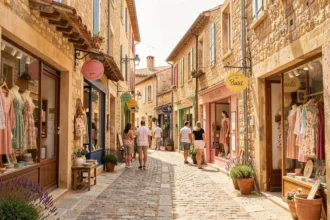 Rue commerçante provençale avec boutiques de créateurs indépendants dans les Bouches-du-Rhône