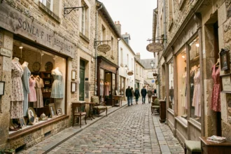 Rue commerçante vintage en Normandie avec vitrines de friperies et brocantes dans un décor de pierres anciennes
