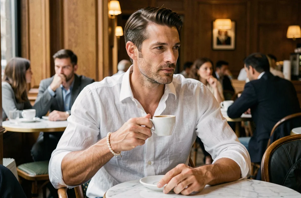 Homme élégant portant un bracelet en perles de Tahiti au poignet dans un café parisien, style discret et luxueux