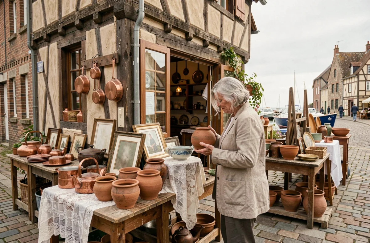 Broc et Tendances à Honfleur, brocante vintage devant une façade normande avec objets anciens exposés en devanture