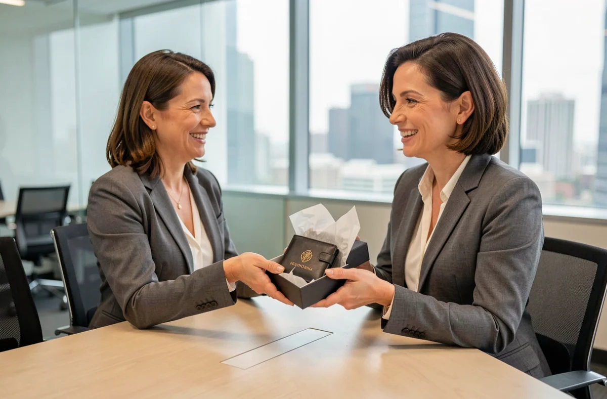 Femme cadre recevant un portefeuille personnalisé en cadeau d'entreprise lors d'une réunion professionnelle
