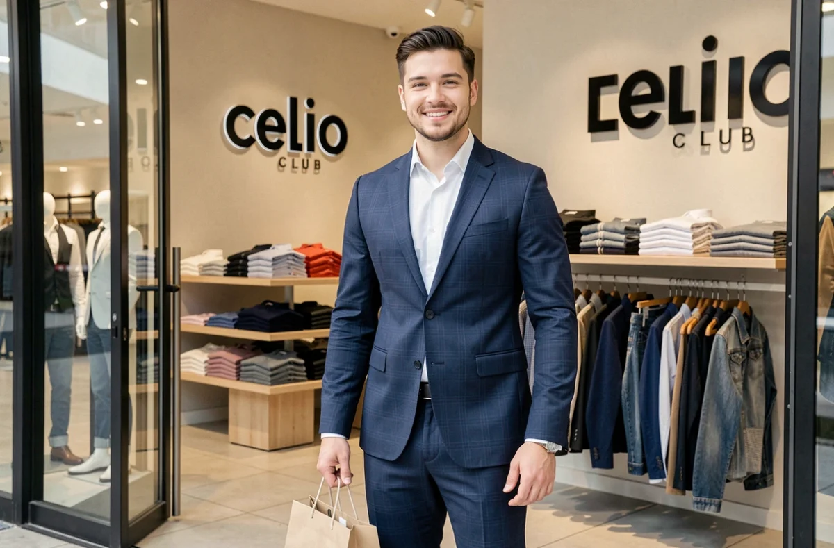 Un jeune homme en costume bleu nuit devant l'entrée du magasin Celio Club en galerie marchande