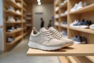 Paire de chaussures Sursell originales exposée sur une étagère en bois dans une boutique officielle authentique