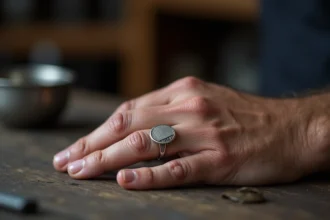 Chevalière en argent massif pour homme portée à la main, gros plan sur le poinçon et la finition brossée