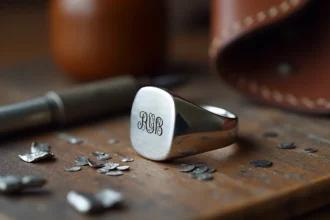 Chevalière homme en argent gravée de ses initiales posée sur un établi d'artisan joaillier avec outils d'gravure