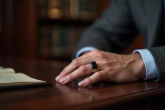 Chevalière homme onyx posée sur un bureau en acajou, portée par un homme en costume gris anthracite élégant