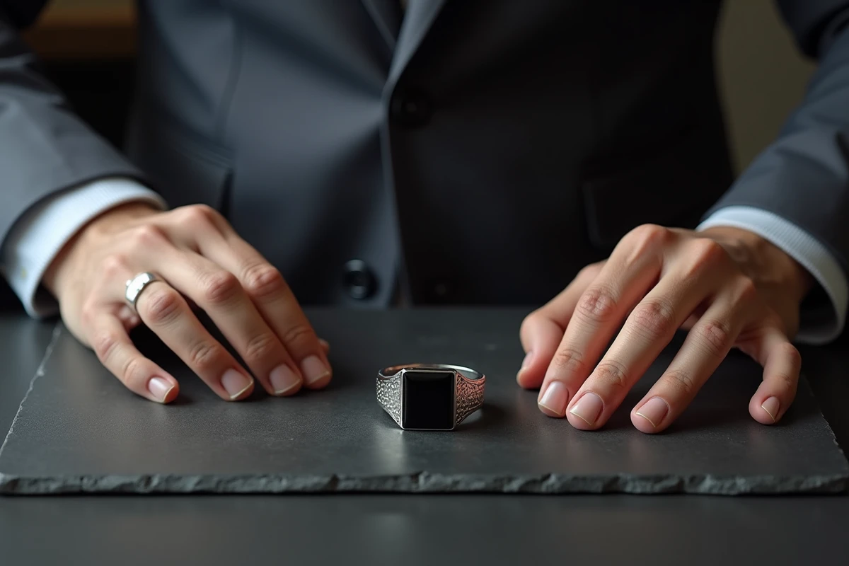 Chevalière homme onyx et argent posée sur une surface en ardoise dans une bijouterie de luxe minimaliste