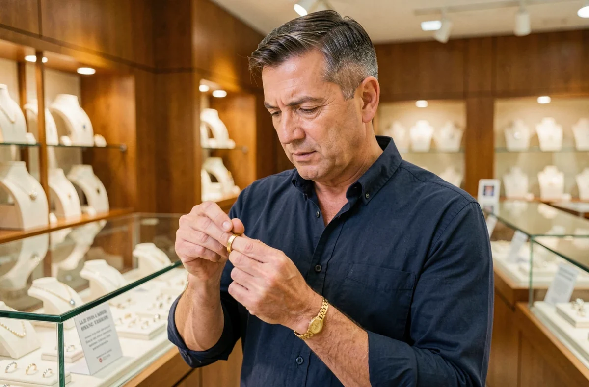 Homme examinant un bracelet en or dans une bijouterie, entouré d'avis clients imprimés, illustrant l'évaluation de la confiance envers SRD Bijoux