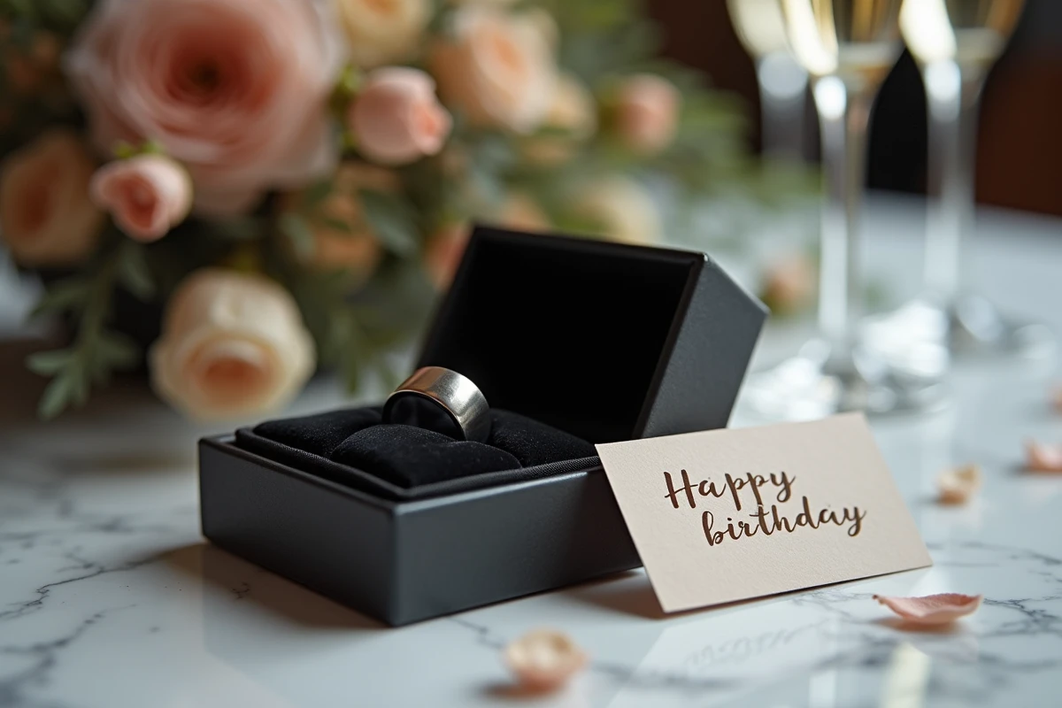 Coffret cadeau anniversaire avec chevalière homme en argent gravée présentée dans un écrin velours noir sur marbre