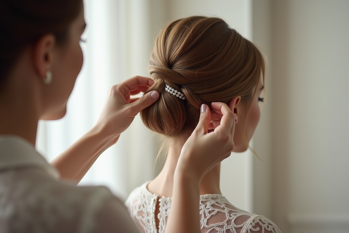 Coiffeur ajustant une coiffure sophistiquée sur la mariée