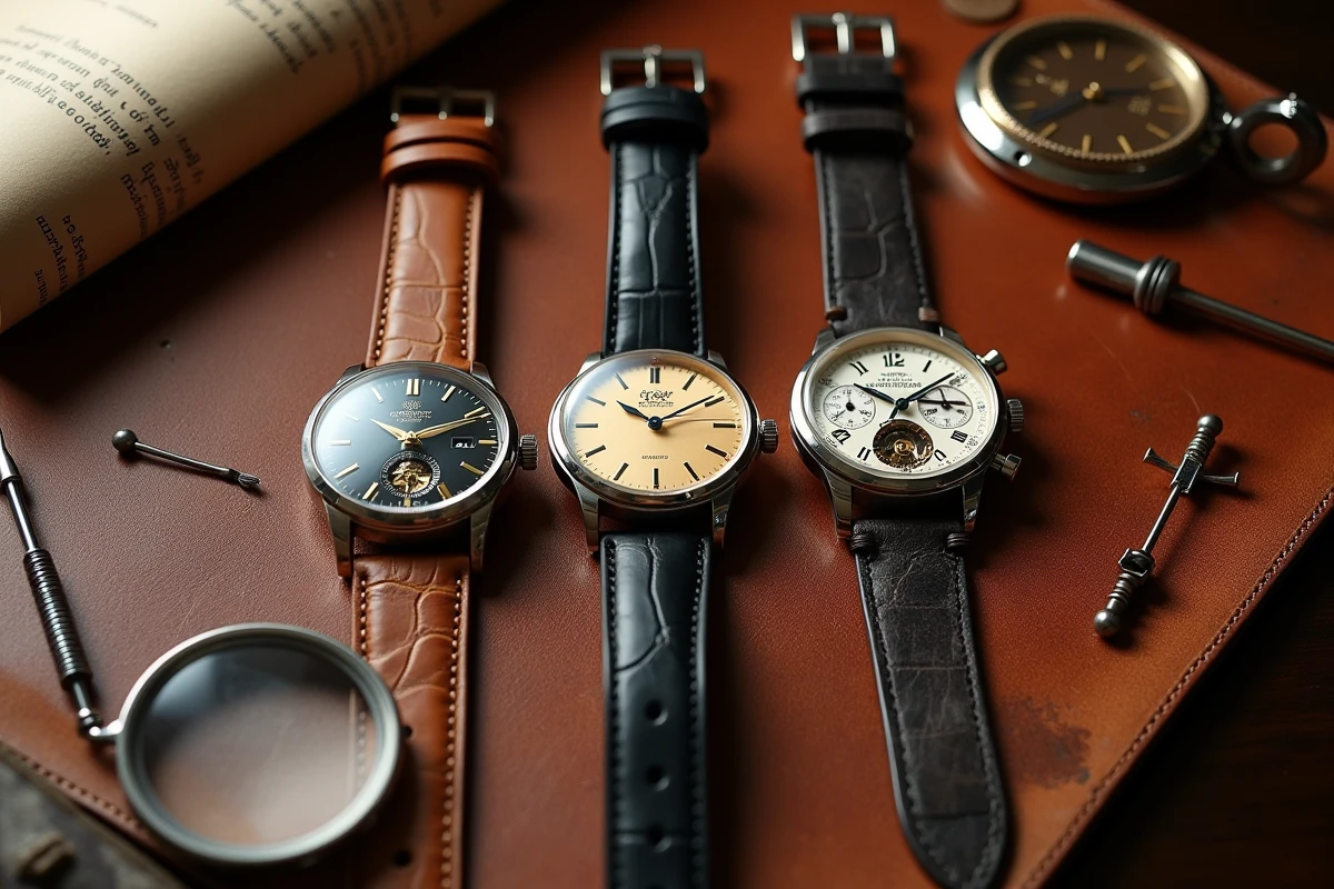 Composition flat lay de trois montres de luxe de collection sur cuir cognac avec loupe et catalogue d'enchères, photographie éditoriale spéculation horlogère