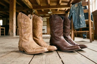 Comparaison entre bottes western et boots cowboy posées côte à côte sur un plancher en bois vieilli, mettant en valeur leurs différences de style et de construction