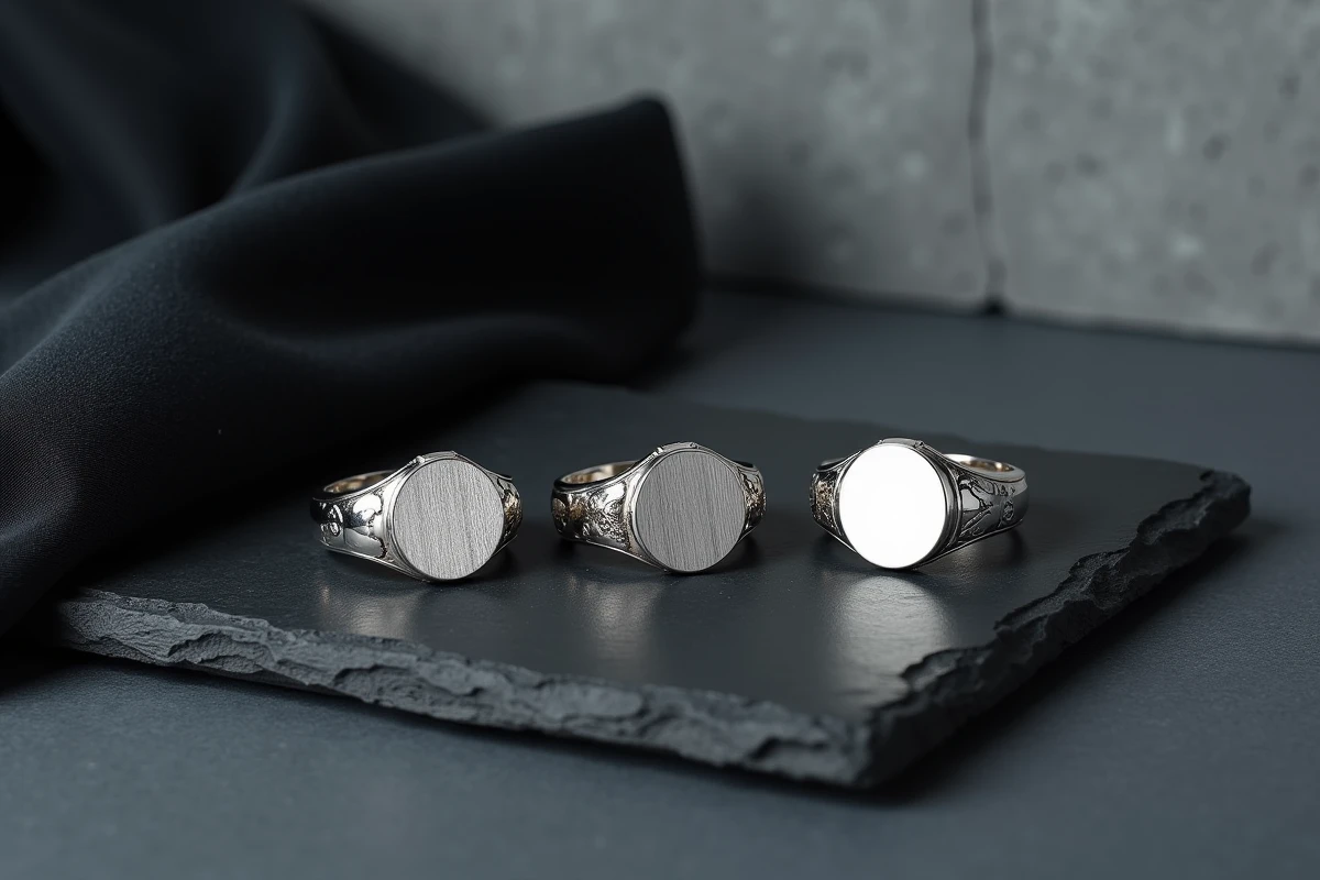 Comparaison de trois chevalières en argent massif 925 pour homme avec différentes finitions sur ardoise