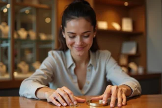 Femme comparant un bracelet plaqué or et un bracelet en or véritable dans une boutique de bijoux