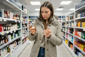 Femme comparant les prix de parfums dans un magasin duty-free au Pas de la Case en Andorre