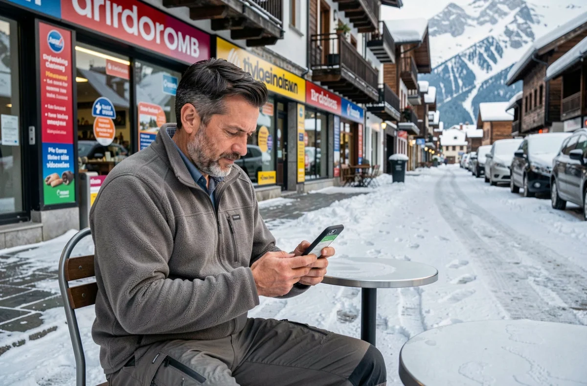 Homme consultant une application de comparaison de prix sur smartphone dans une rue commerçante enneigée du Pas de la Case