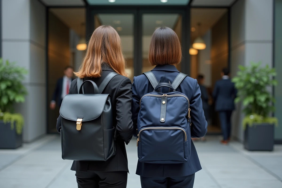 Comparaison sac à dos en cuir noir et sac à dos en toile bleue portés par deux femmes devant un immeuble de bureaux