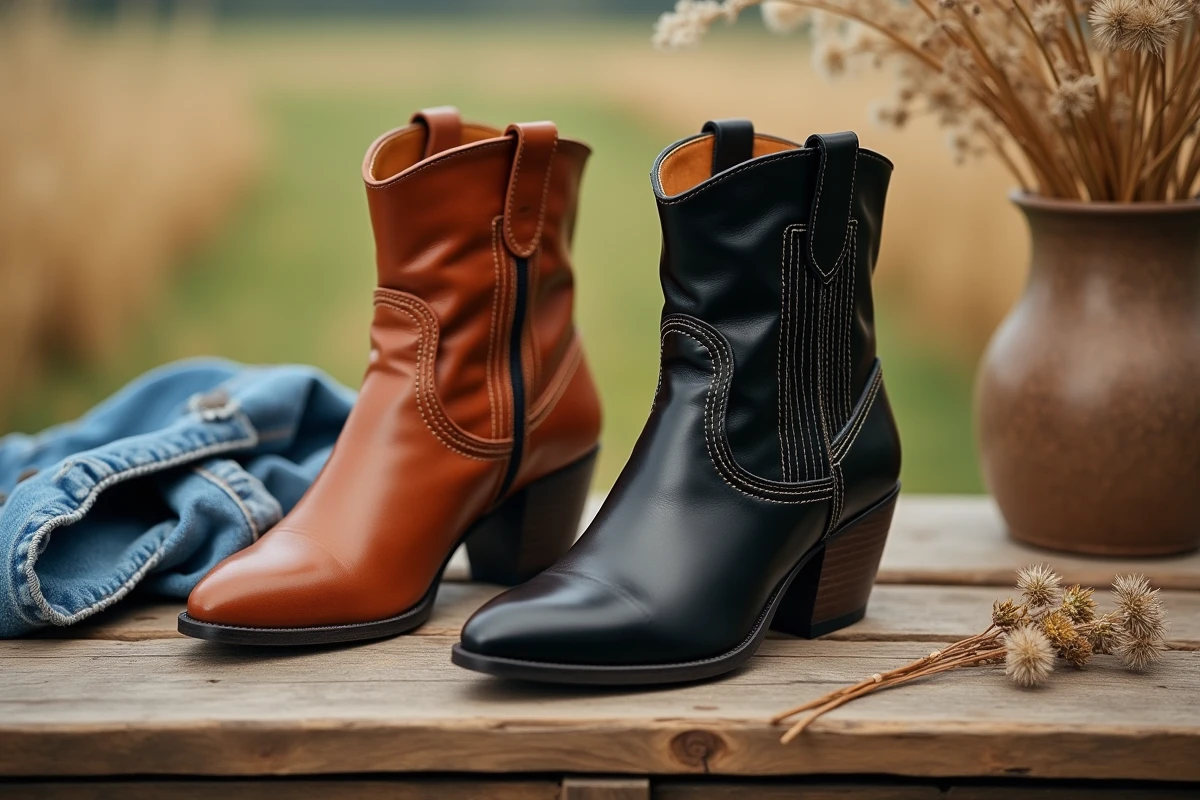 Comparatif entre une bottine country femme à talon en cuir cognac et une bottine country plate en cuir noir posées côte à côte sur une table en bois rustique