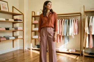 Femme en tenue terracotta et rose poudré dans une boutique parisienne, exemple de couleurs douces qui s'harmonisent