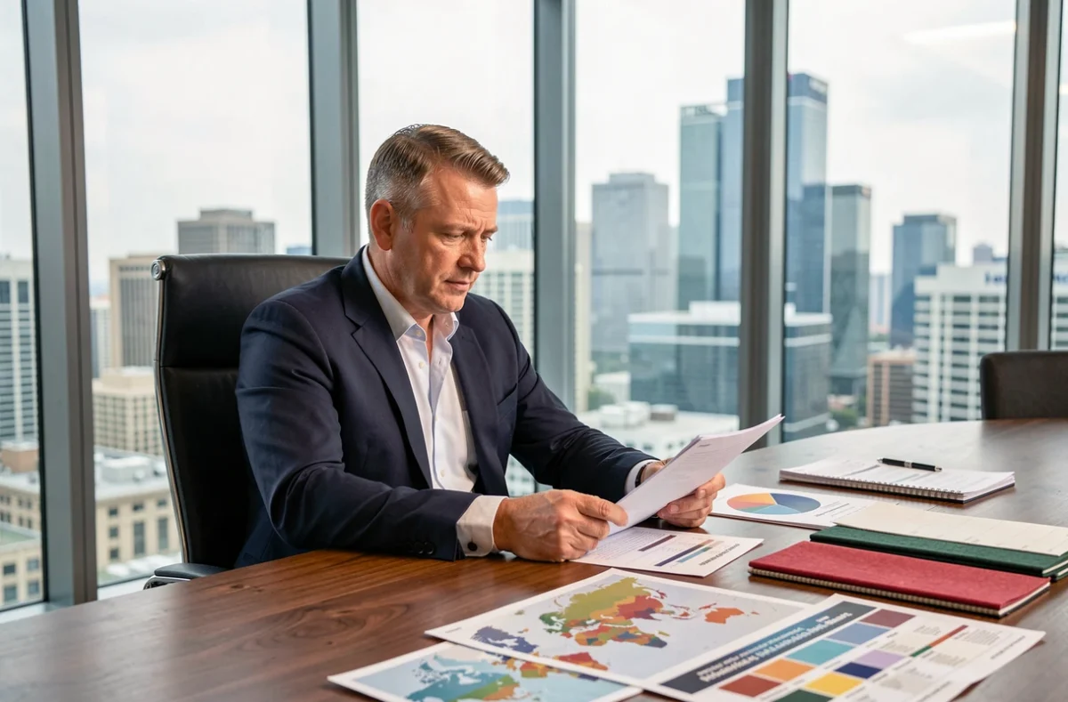 Directeur de la mode en réunion stratégique avec des échantillons de tissus et des données logistiques, évoquant les coulisses de la gestion d'un groupe comme Inditex