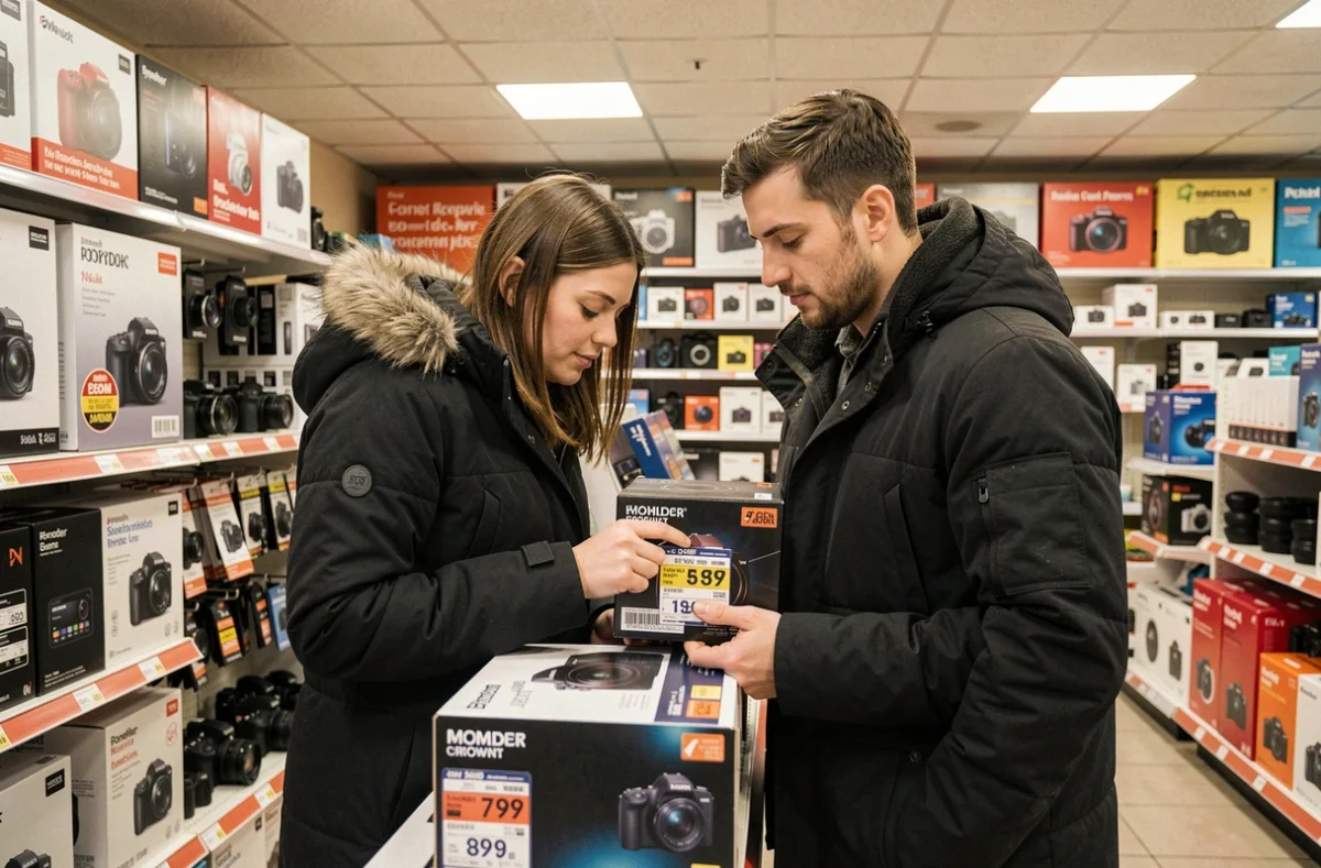 Couple examinant l'étiquette de prix d'un appareil photo dans un magasin d'électronique au Pas de la Case